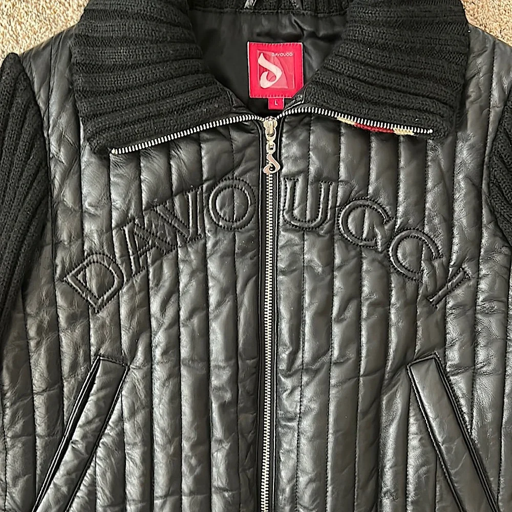 Davoucci Vintage Black Leather and Knit Long Sleeve Jacket Coat **Size L** - Picture 3 of 6